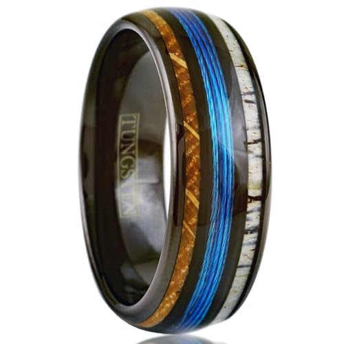 Stunning Unique 6mm/8mm Polished Black Tungsten Carbide Low Dome Band Ring with Fishing Line Between Whiskey Barrel Oak Wood and Deer Antler Inlays.