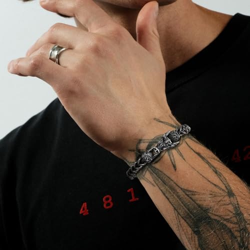 Viking Dragon Bracelet for Men, 316L Stainless Steel Cuban Link Chain 10mm Width, 8 Inch Length, Vintage Silver/Black/Steel/Gold, Punk Norse Jewelry Gifts for Him Husband2