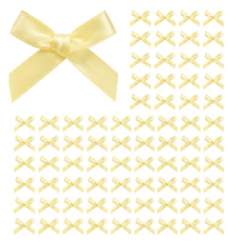 100 PCS Mini Satin Bows for Crafts, 1.6 Inch Pre-Tied Bows, Light Yellow