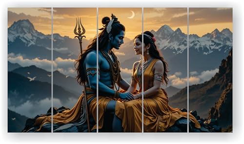 Image of RAVLEX Shiv Parvati Wall Painting for Living Room, Wooden Framed UV Printed Wall Art for Bedroom, Office, Hotel and Drawing Room, Multi Panel Decorative Painting, 24 x 48 Inch