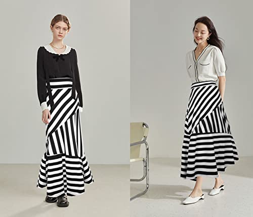 Monique Women Black & White Stripes Maxi Long Skirt High Waist Straight Full Skirt Summer Foldover Skirts Black+White Xl #TOP1