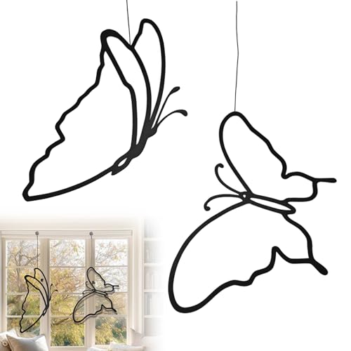 Decoración Colgante Mariposa Line Art, 2 Piezas Negro PLA, Adorno Ventana Moderno, Dibujo Lineal 3D para Pared, Primavera, Salón, Dormitorio, Cocina, Terraza, Casa, Escaparate y Diseño para Colgar