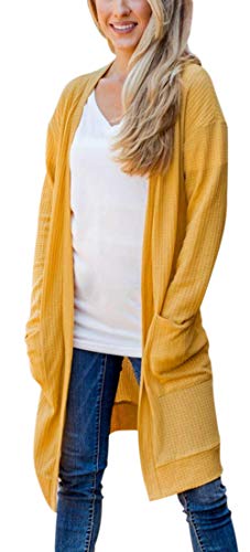 Image of Women's Open Front Long Sleeve Cardigan Casual Waffle Knit Cardigan Sweaters with Pockets