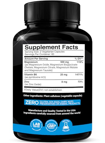 Magnesium Complex 500mg with Vitamin B6 & Zinc Supplement| Mag Complex - 5 in 1 with Magnesium Oxide, Bisglycinate Chelate, Citrate, Malate & Taurate | Blend for Optimal Health |120 Caps Made in USA