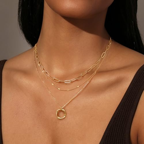 Layered Necklace for Women 14K Gold Dainty Paperclip Herringbone Pearl Cross Pendant Necklace Stack，Layering Gold Chain Cuban Figaro Rope Chain Choker Trendy Jewelry Gift2