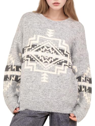 Image of Womens Loose Fit Argyle Graphic Aztec Western Sweater Long Sleeve Crewneck Pullover Tops