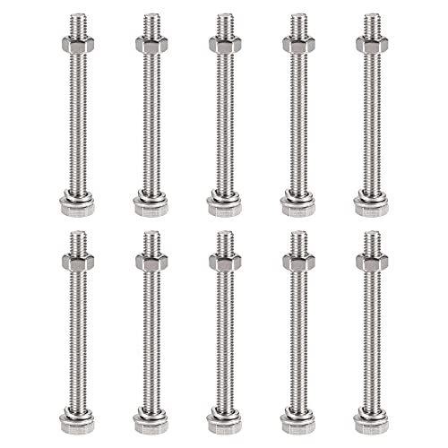 Image of uxcell M6 x 70mm Hex Head Screws Bolts, Nuts, Flat & Lock Washers Kits, 304 Stainless Steel Fully Thread Hexagon Bolts 10 Sets