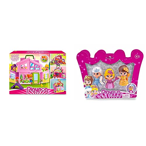 Pinypon - Casa Rosa Maletín, casita de muñecas Plegable Grande + Pack de 3 Princesas (Famosa 700014094)