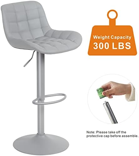 YOUTASTE Bar Stools Set of 2 Grey Comfortable PU Leather Padded Breakfast Barstools with Backs Luxury Metal Adjustable Height Bar Chairs for Kitchen Counter Island