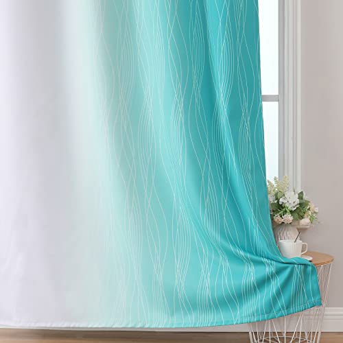 Estelar Textiler Teal and Greyish White Blackout Curtains 54 Inch Length, Light Blocking Gradient Grommet Drapes for Living Room, Thermal Insulated Ombre Curtains for Bathroom,52Wx54L,2 Panels