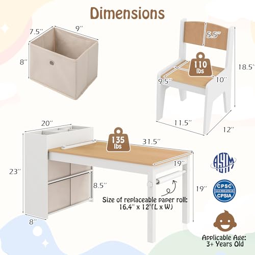Image of Costzon Kids Table and Chairs, 3 in 1 Wooden Art Drawing Table with 2 Chairs, 4 Fabric Bins, Multiple Open Storage Compartments & a Paper Roll, Toddler Table and Chair Set (Natural)