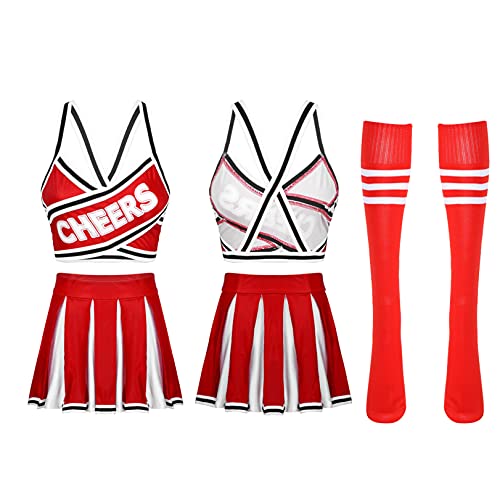 renvena Damen Cheer Leader Kostüm Cheerleading Cosplay Uniform Ärmellos Bauchfrei Oberteil mit Mini Faltenrock Karneval Fasching Party Tanz Kostüme E Rot M Cover