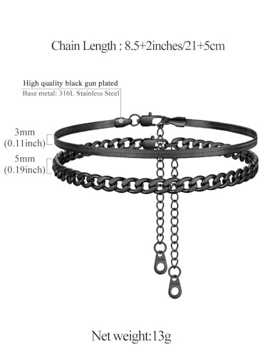 Image of FindChic Black /Silver /Gold Plated Anklets Set of 2PCS /3PCS Herringbone Chain Cuban Link Heart Charm Sparkling Tennis Ankle Bracelets, Waterproof Summer Foot Jewelry for Beach