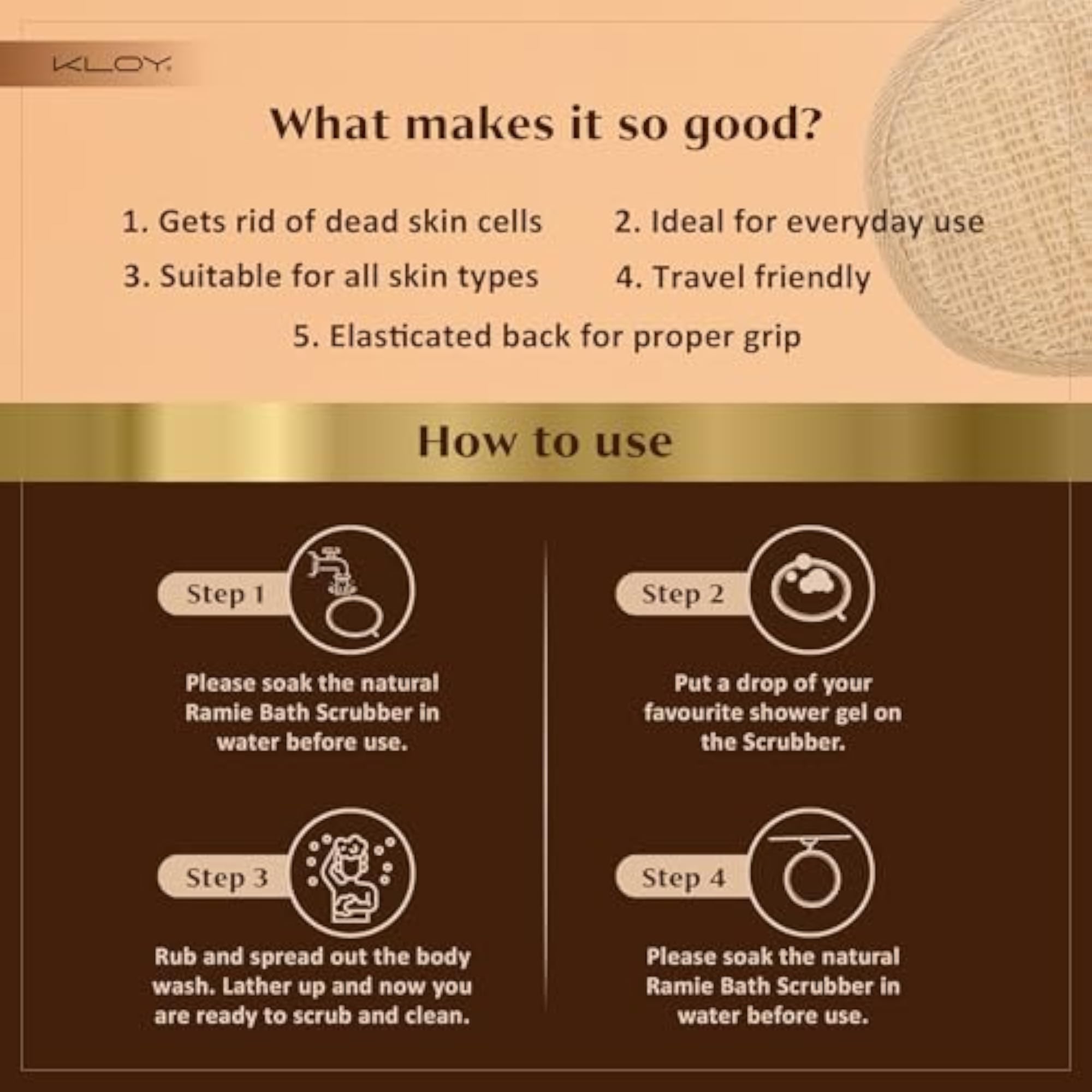 Natural Ramie Bath Loofah Scrubber Exfoliator, Pack of 2
