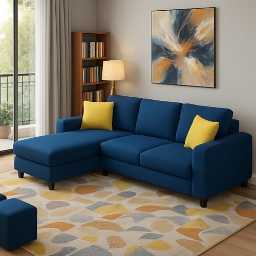 Image of Casaliving Rolando 4 Seater L Shape Sofa Set with 2 Puffy for Living Room (Blue) Left Side Sofa Set for Living Room | Hall| Office Room