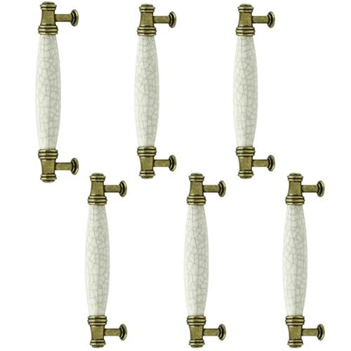 LC LICTOP 5.98 Inch Antique Brass Ceramic Drawer Handles 6Pcs – 5.04 Inch Hole Center Vintage Dresser Pulls, Off White Cracking Pattern Cabinet Knobs for Kitchen Cupboard