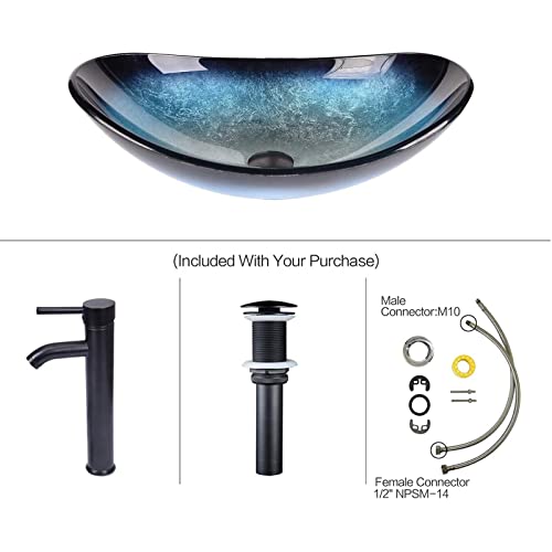 Boat Shape Bathroom Artistic Glass Vessel Sink Free Oil Rubbed Bronze Faucet And Pop-Up Drain,Blue #TOP2