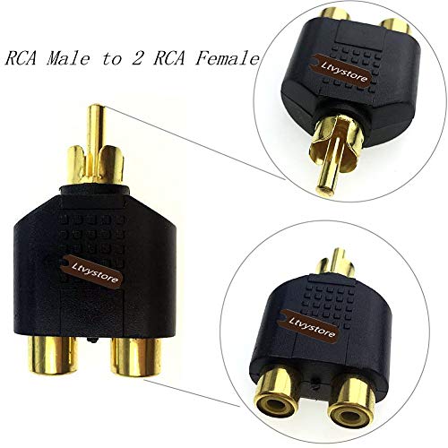 Ltvystore 2Pcs RCA Male to 2 RCA Female Right Angle Plug RCA Splitter Adapter Connector & 5 Pcs Audio Video Gold RCA Male to 2 RCA Female Coupler Adapter