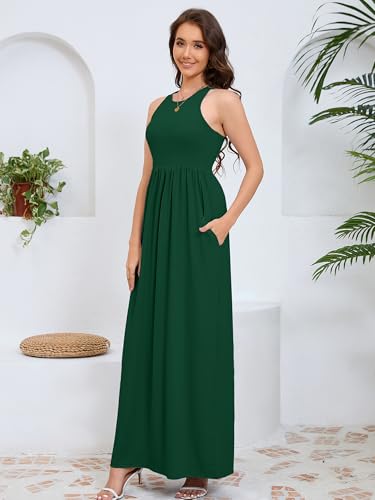 Image of DEARCASE Sleeveless Maxi Dress for Women Dark Green Large Wedding Guest A-line Casual Party Vintage Spring Summer Floor Length Ladies Beach Sundress Plain Vacation Long Flowy Dresses with Pockets