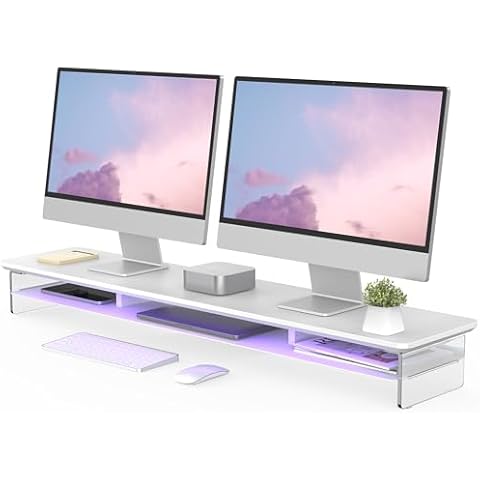 Fenge Acrylic Monitor Stand Riser, 42.5 Inches Acrylic Clear Dual Monitor Stand with Metal Storage, 2 Tier Acrylic Computer Riser for Desk, Clear Laptop Stand for PC, Laptop, Printer, TV Cover