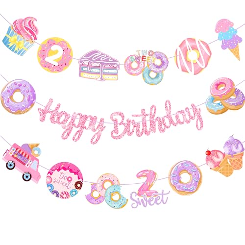 Donut Birthday Party Decoration Pink Glitter Happy Birthday Donut Ice Cream Design Banners for Two Sweet Birthday Party Donut Theme Party Baby Shower Supplies