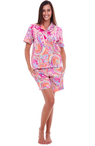 Alexander Del Rossa Womens Woven Cotton Pajama Set with Shorts, Button Down Pjs, Medium Vibrant Pink Paisley (A0516P81MD)