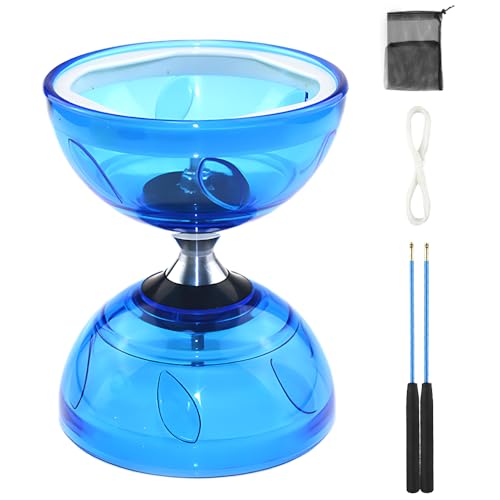 WDKXCN Diabolo avec Roulement à Billes, Kit de Jonglerie avec Lumière LED et Baguettes Manuelles, Kit de Jonglage en Caoutchouc Souple Transparent avec Cordon de Rechange et Sac, Bleu