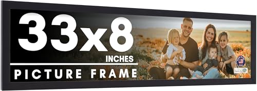 33x8 Frame Black Picture Frame - Complete Modern Photo Frame Includes UV Acrylic Shatter Guard Front, Acid Free Foam Backing Board, Hanging Hardware Wood Wall Frames for Family Photos - no Mat