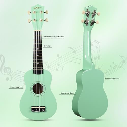 Image of ADM Ukulele for Beginners Hawaiian Wood Ukelele Kit for Kids Adult Student Starter Professional Ukalelee Pack Bundle with Free Lessons Gig Bag Strap Nylon String Tuner (Cyan Green, 21 Inch)
