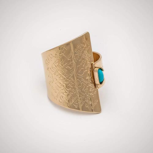 Turquoise Spiritual Ring, Hebrew Ring Engraved With Inspirational Words, Gold Plated Open Adjustable Statement Ring, Unique Handmade Faith Jewelry, Israeli Gift For Women #TOP3