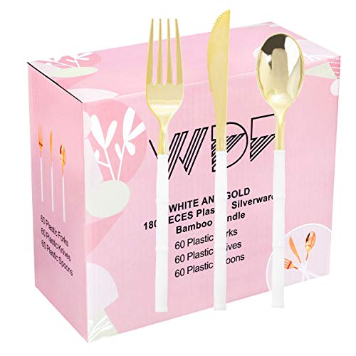 WDF 180Pieces Gold Plastic Silverware-Gold Plastic Cutlery with White Handle-Heavyweight Disposable Flatware-Gold Plastic Utensils Set Include 60Forks 60 Spoons 60 Knives