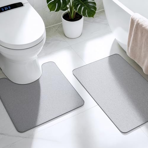 Bathroom Rugs Sets 2 Piece, Thin Bath Mat & U-Shaped Contour Toilet Rug Absorbent Quick Dry, Machine Washable, Non Slip Low Pile Bath Mats for Bathroom/Tub/Sink/Shower (27"x17" Plus 24"x20" U, Grey) by HOMTEB - Used condition - US$15.38