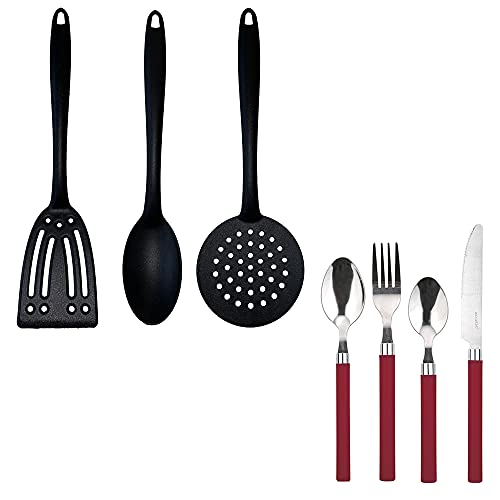 Renberg - Juego De Cubertería Roja De 24 Piezas En Acero Inoxidable Con Set De 3 Utensilios De Cocina