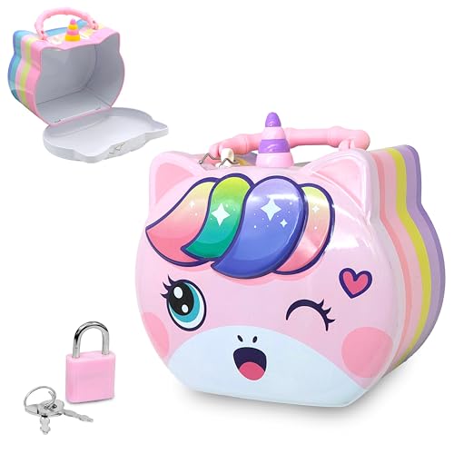Image of VGRASSP Unicorn Theme Metal Piggy Bank Toy for Kids - Cute Money Safe with Lock and 2 Keys - Gullak Coin Box Gift for Boys and Girls - Color As Per Stock