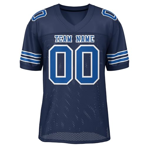 Futbol Americano, Sports Jersey de fútbol personalizado con costura personalizada, nombre y número del equipo para hombres, mujeres y jóvenes, Azul marino y real-11, One Size