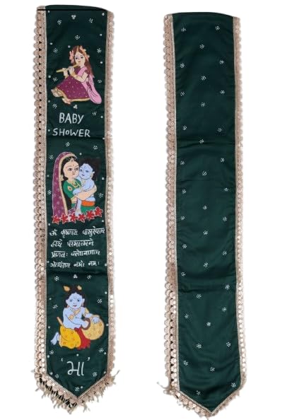 Image of Hand Painted Baby Shower Dupatta | Premium Jam Satin Fabric Soft & Elegant | Baby Shower Special Dark Green Lord Krishna Theme Dupatta Hand Painted Sanskrit Mantra, Decorative Golden Border