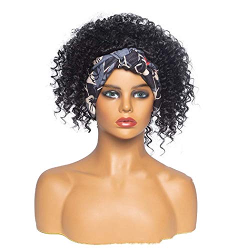 Divine Hair Headband Wig with Bang Short Curly Afro Wig for Black Women Wrap Wig 2 in 1 Afro Synthetic Curly Wigs with Leopard Headband Black Kinky Curly Wigs Turban Scarf Wigs (Colorful Hairband)