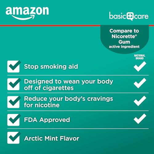 Image of Amazon Basic Care Nicotine Polacrilex Gum 4 mg, Mint Flavor, Stop Smoking Aid, Reduces Withdrawal Symptoms and Nicotine Cravings, 310 Count