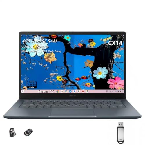 Image of ASUS Chromebook CX14, 14 inch FHD (1920 x 1080) Display, Intel Celeron N50, 4GB LPDDR5 RAM, 128GB Storage(64GB eMMC + 64GB Flash Drive), Chrome OS, Wi-Fi 6, Gray, Lightweight Laptop, TWE Accessories