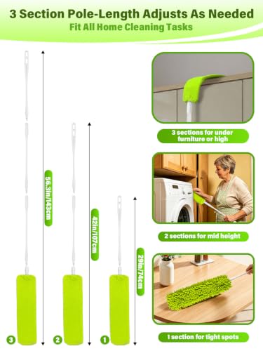 Image of Bend-Free Gap Dust Cleaner Cleaning Tools Washable Flat Duster Brush with 4 Microfiber Chenille Dusting Cloths Long Handle 56 inches for Cleaning Under Appliances Furniture Couch Bed Fridge