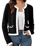 Yousify Crew Neck Cardigan for Women Business Casual Tops Long Sleeve Cropped Cardigan Pockets 2024 Button Up Sweaters Black S