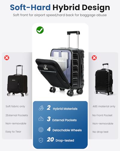Lekebobor 18 Inch Carry On Luggage Airline Approved, Hybrid Soft Hard Shell Suitcase with Removable Spinner Wheels, TSA Lock, Front Pocket for Travel, Black2