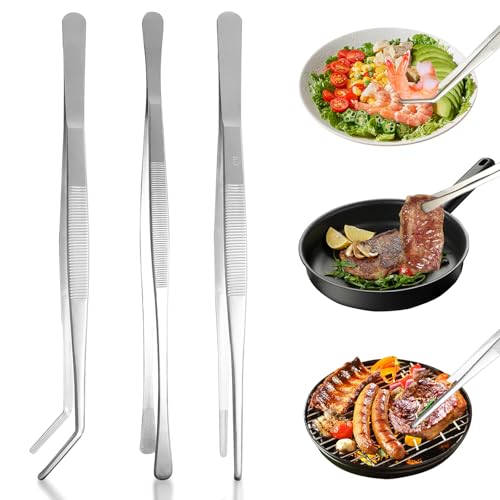 BORISCA 3 Pièces Pince Barbecue Inox, Pincette de Cuisine en Acier Inoxydable, 30 cm Pince Alimentaire, 3 Types de Pince du Chef, Utile de Cuisine pour la...