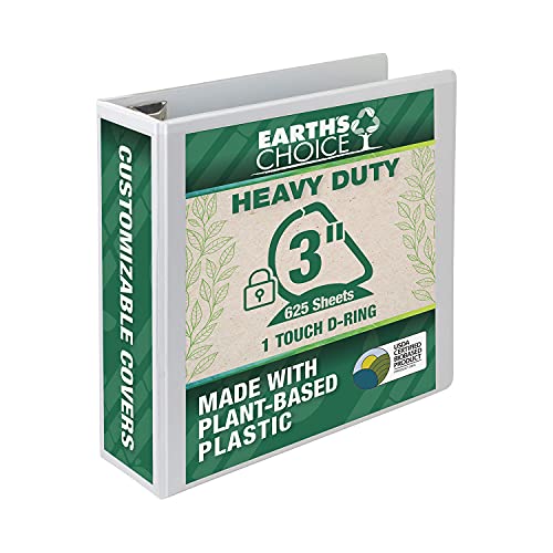 Image of Samsill Earth's Choice Biobased Heavy-Duty 3 Ring View Binder, 3 Inch Locking One Touch D-Ring, USDA Certified Biobased, Eco-Friendly, Customizable Clear View Cover, White