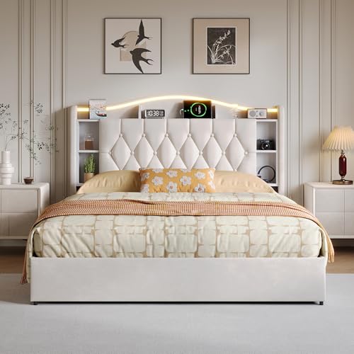 Cama de matrimonio de 140 x 190 cm con contenedor hidráulico, cama acolchada de terciopelo con LED RGB y USB/Type-C, cabecero con estantes de almacenamiento, estructura de cama con somier de láminas