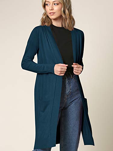Image of Long Knit Cardigan with Pocket: Open Front, Long Sleeve, Solid Teal by Made By Johnny