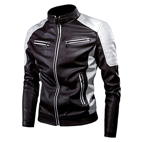 Generisch Chaqueta de piel sintética para hombre, abrigo de piloto con cremallera, informal, clásica, chaqueta bomber, chaqueta de piel sintética, cuello alto, chaqueta de motorista, chaqueta