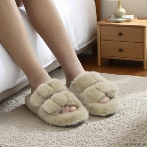 fuzzy slippers for women open-toe Faux fur slides Double strap Adjustable buckle home fluffy sandals for women indoor and outdoor Plush shoes2