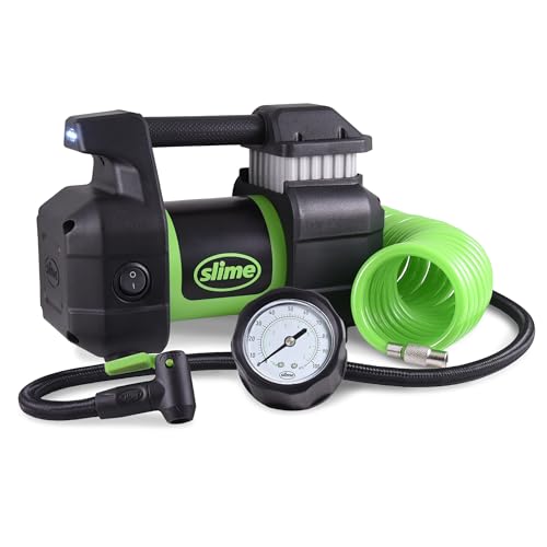Image of Slime 40031 Tire Inflator, Portable Car, SUV, 4x4 Air Compressor, Pro Power, Heavy Duty, with Analog 150 psi Dial Gauge, Long Hose and LED Light, 12V, 3 min inflation