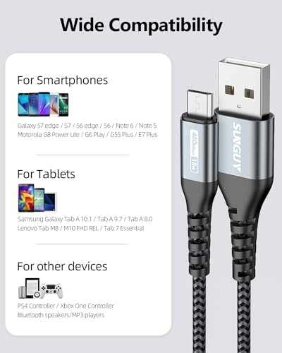 Image of SUNGUY Micro USB Cable, 18W USB to Micro USB Cable Fast Charging USB 2.0 Data Transfer Nylon Braided for Samsung Galaxy S7 Edge S6, Power Bank, Android Phone, PS4, Grey, 1FT, [10Pack]